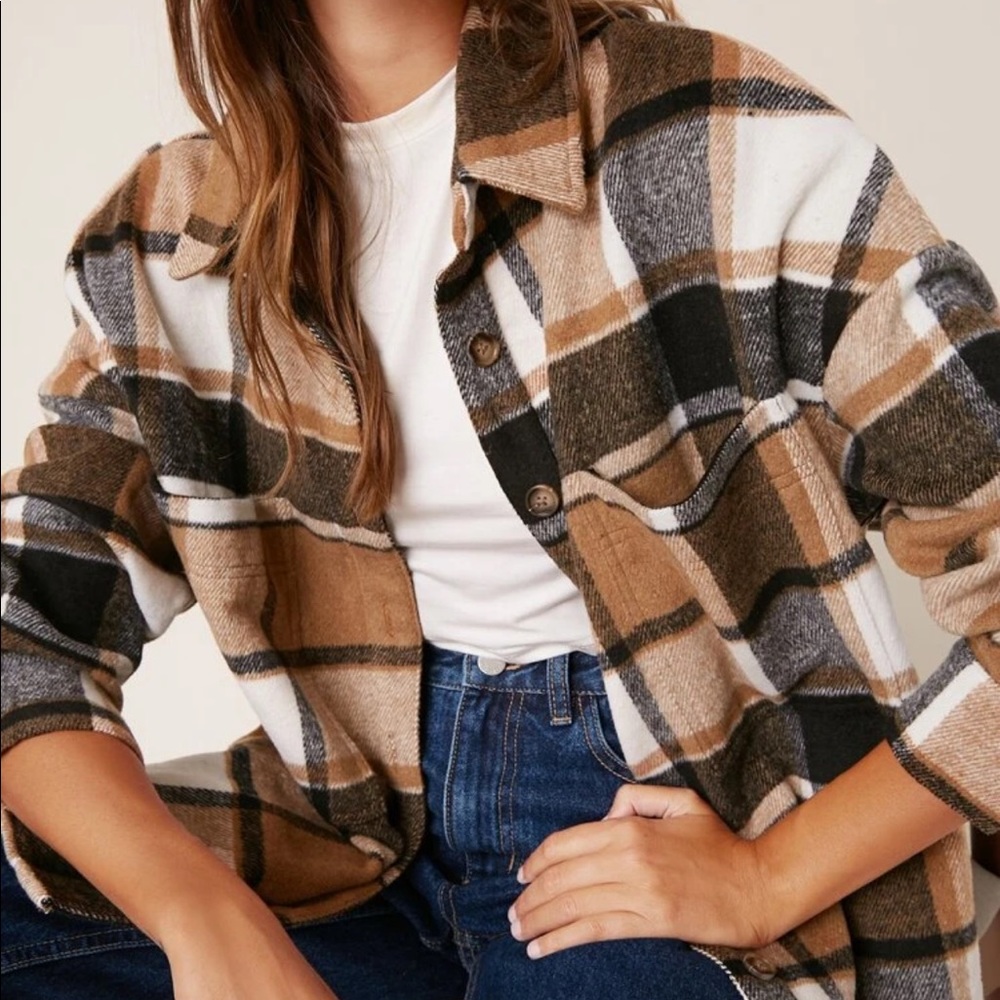 Boyfriend fit plaid trucker jacket brown shacket - Picture 1 of 6